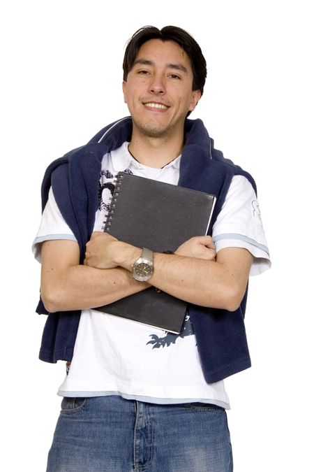 casual happy male student over a white background