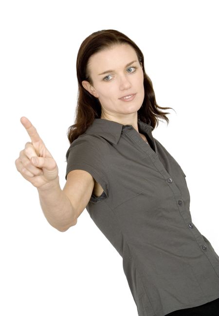 business woman pointing at screen on white