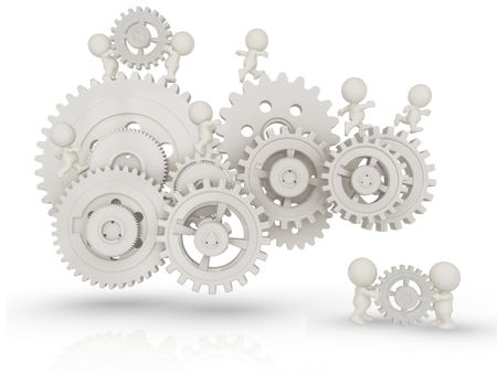 3D people working as a team assembling cogwheels - isolated over white