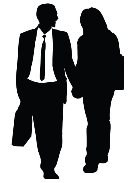 business couple walking silhouettes isolated over a white background