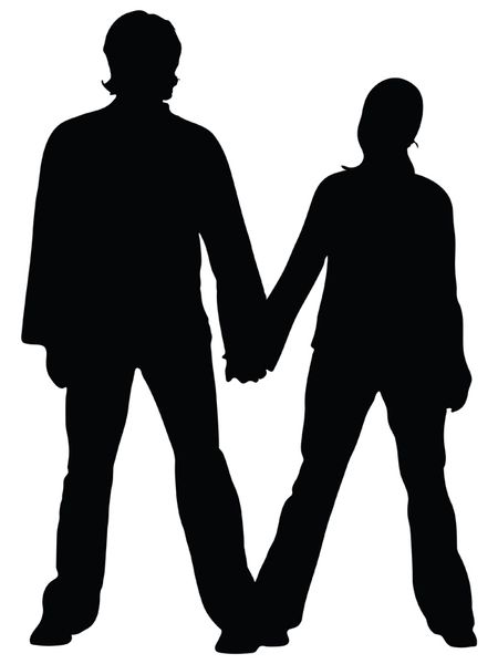 Couple holding hands silhouette isolated over a white background