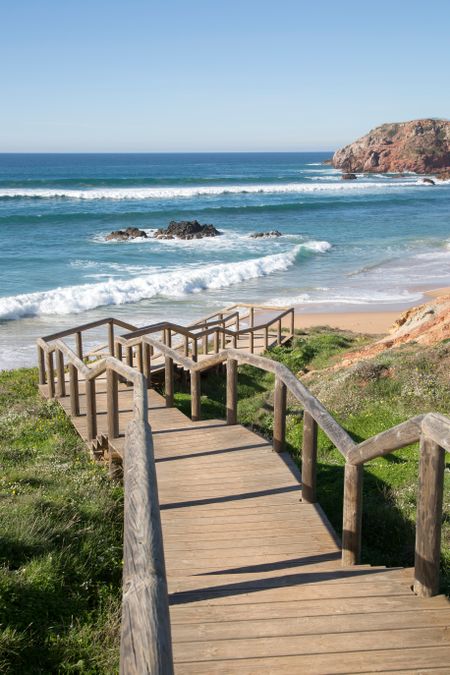 View of Wooden Steps at Amado Beach in Portugal