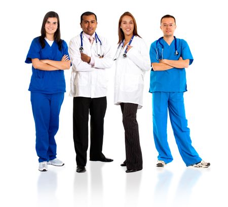 group of doctors standing isolated over a white background