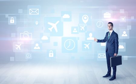 Businessman departs to a business trip with social media and travel symbol concept