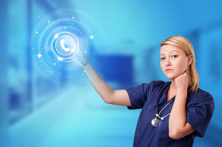 Doctor touching blue screen with call center concept