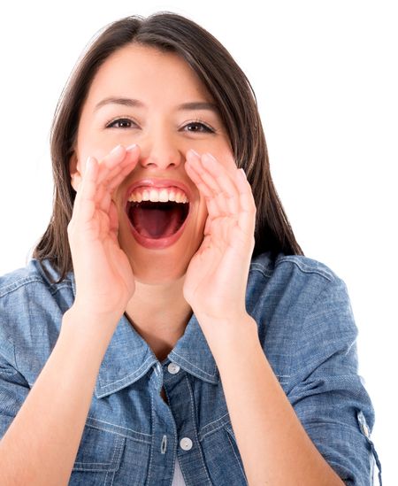 Happy woman screaming very loud - isolated over white background