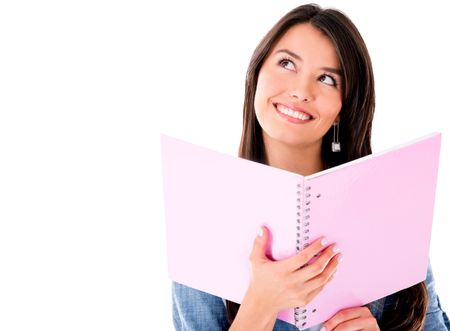 thoughtful-female-student-looking-isolated-white-138526271 Thoughtful female student looking up - isolated over white background