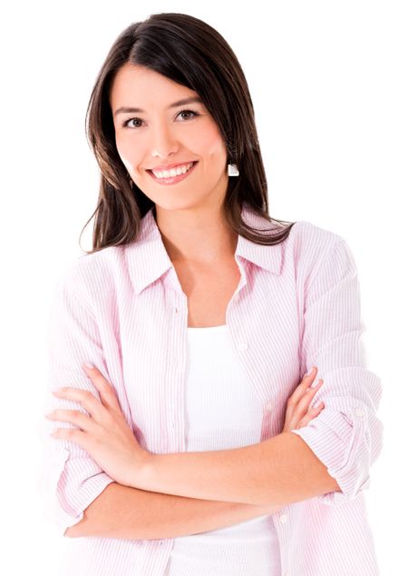 Beautiful casual woman smiling - isolated over white background