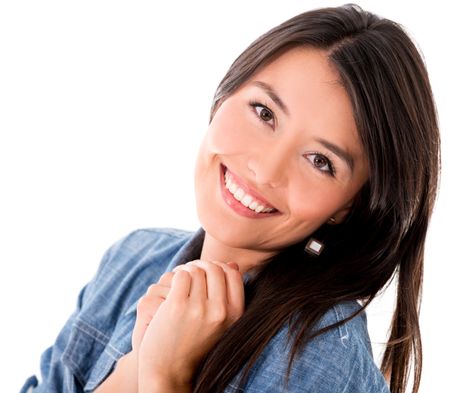 Portrait of a cute woman smiling - isolated over a white background