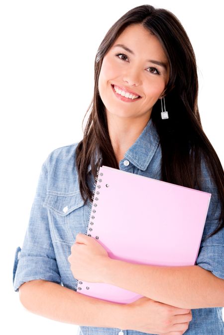 Happy female student smiling - isolated over a white background