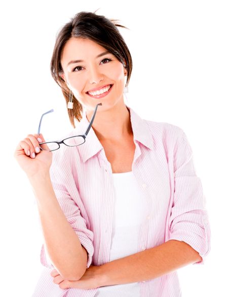 Woman holding glasses smiling - isolated over white background