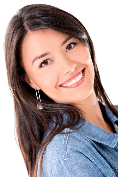 Portrait of a beautiful woman smiling - isolated over a white background