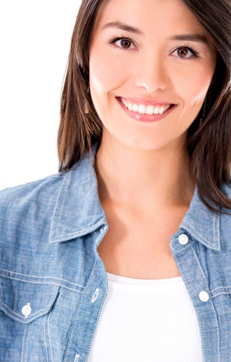 Beautiful casual woman smiling - isolated over a white background