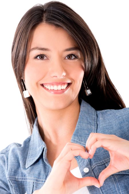 Woman in love making a heart - isolated over a white background