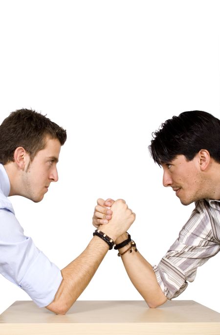 business arm wrestling between two men from different racial backgrounds