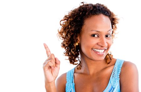 Black woman pointing an idea - isolated over a white background