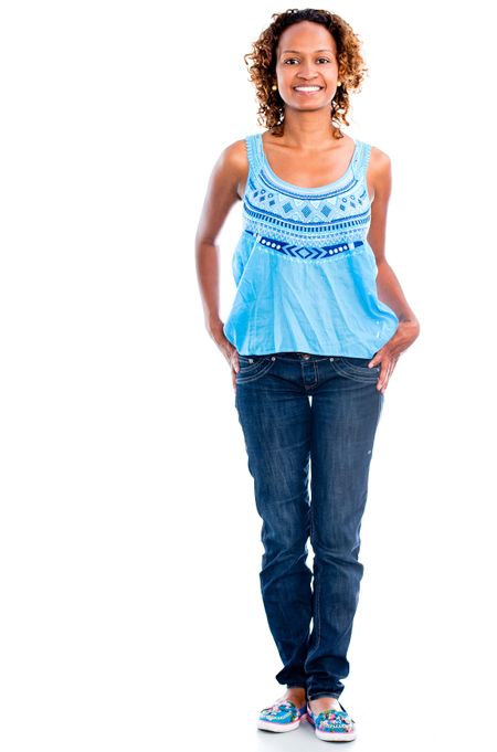 Casual black woman smiling - isolated over a white background