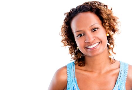 Happy black woman portrait - isolated over a white background