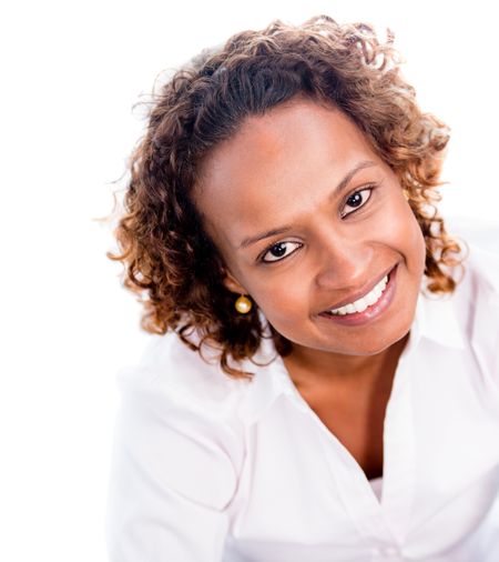 Casual African American woman smiling - isolated over white background