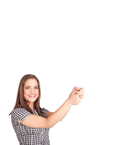 Beautiful young lady gesturing with copy space