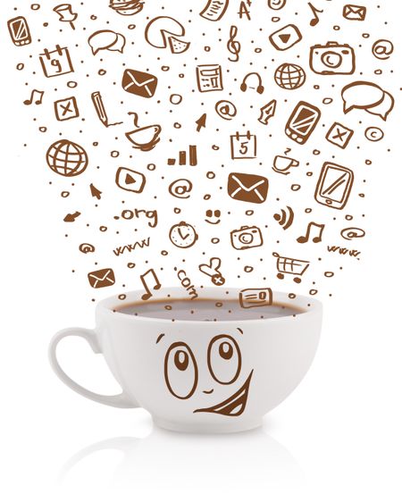 Coffee-mug with hand drawn media icons, isolated on white