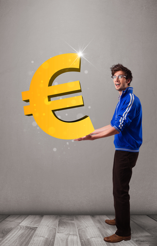 Good-looking young boy holding a big 3d gold euro sign