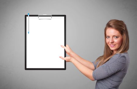 Beautiful young girl holding black folder with white sheet copy space