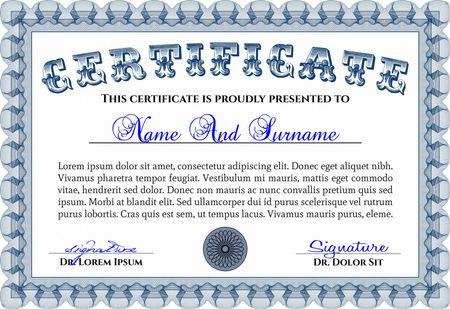 Vector illustration of Blue horizontal certificate template. Very complex design