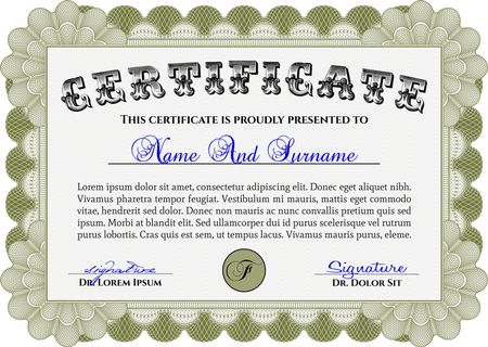Green horizontal diploma or certificate template. Complex design. With sample text and background