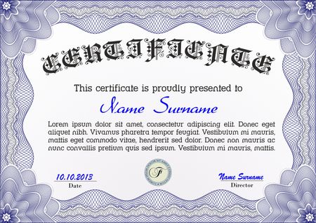 Blue certificate, diploma or coupon template. Very complex design.