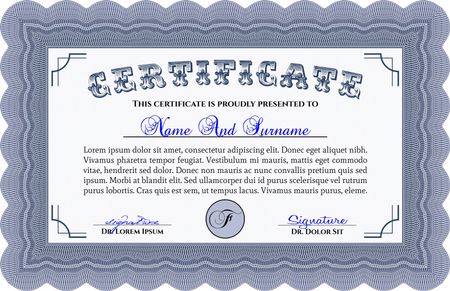 Blue certificate or diploma template, very complex design, with background and sample text.