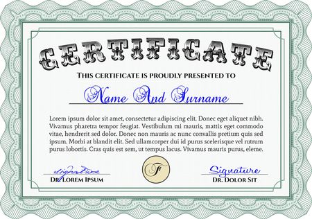 Green certificate or diploma template. Complex design.