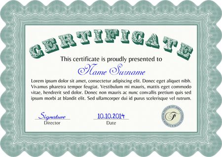 Vector illustration of Green horizontal certificate template. Very complex design
