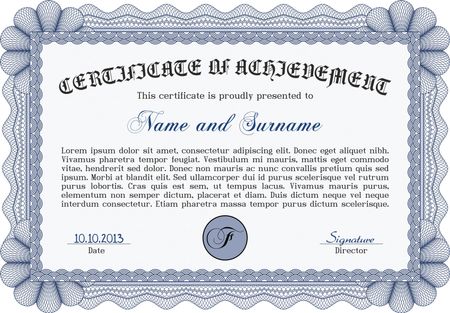 Blue horizontal certificate, diploma or coupon template. Very complex design, with background and sample text.