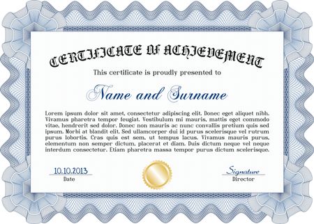 Blue certificate or diploma template. Very complex design.