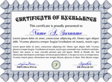 Blue certificate or diploma template. Very complex design.
