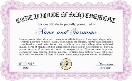 Vector illustration of pink certificate, diploma or coupon template. Complex desgin.