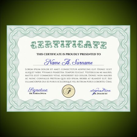 Green certificate or diploma template. Very complex design.