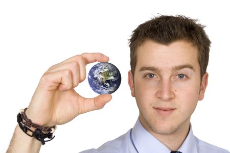 business man holding globe over white