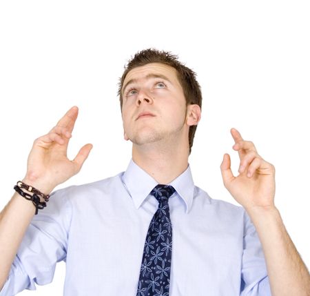 business man pointing up over a white background