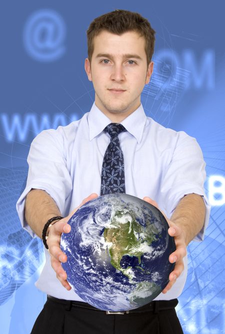 business man holding globe with an background showing worlwide communications