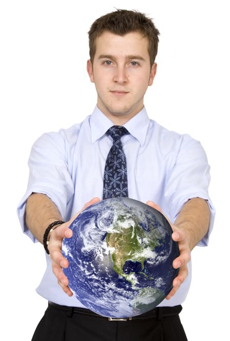 business man holding globe over a white background, shot in studio