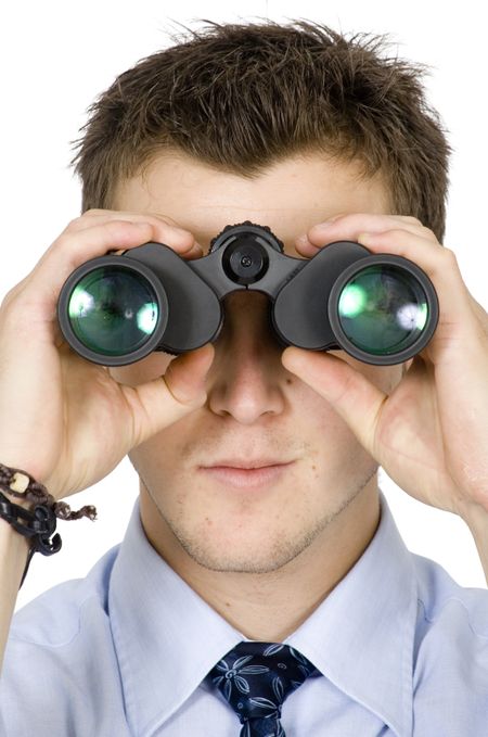 business man with binoculars over white