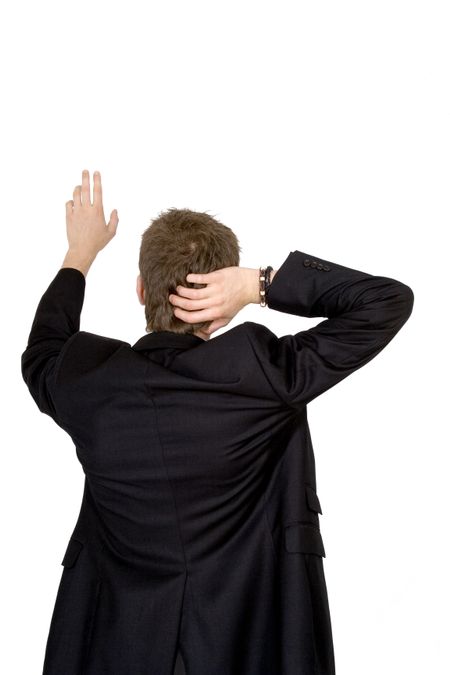 business man pointing from the back over a white background
