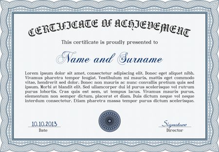 Blue certificate, diploma or coupon template. Very complex design with background and sample text.