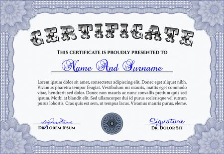 Blue certificate or diploma template. Very complex border design