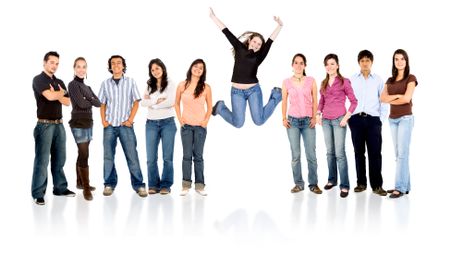 group of casual happy people with one succesful girl jumping and smiling  isolated over a white background