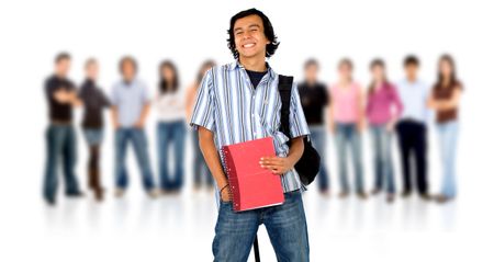 college or university students smiling and standing isolated over a white background