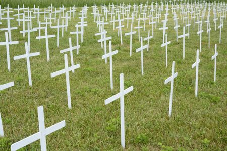 Many anonymous white crosses (commemorating unborn children) in rows on green lawn