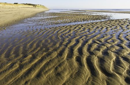 Pattern in sand caused by Atlantic tide along beach in Cape Cod, Massachusetts, about an hour after sunrise